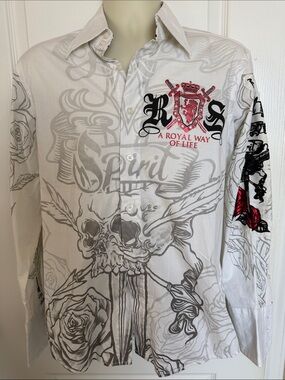 Rebel Spirit White Button-Down Shirt with Red Crest & Gray Graphics
